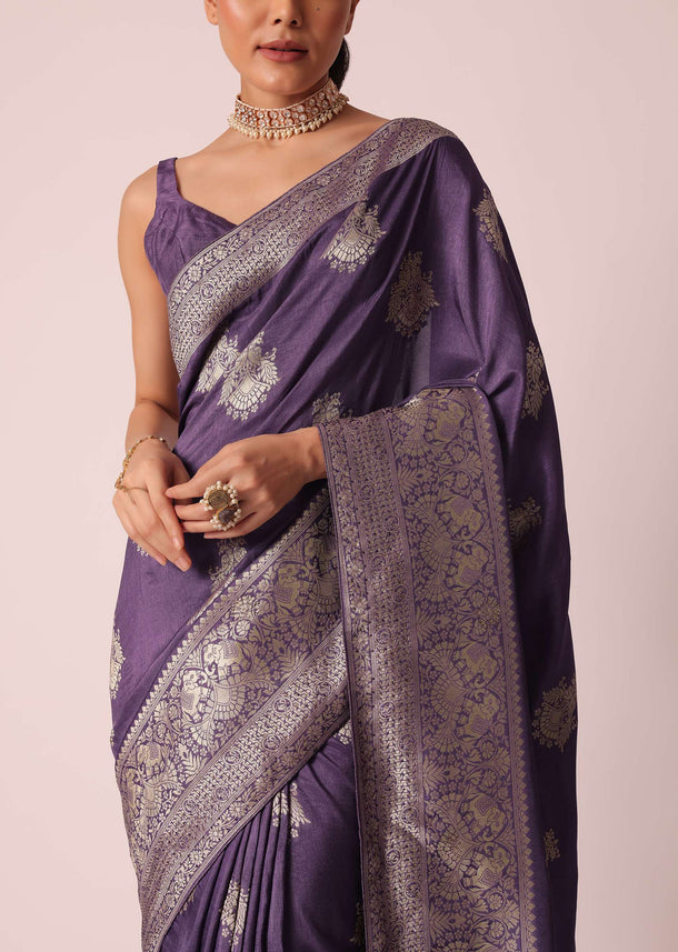 Purple Handloom Silk Saree With Unstitched Blouse Piece