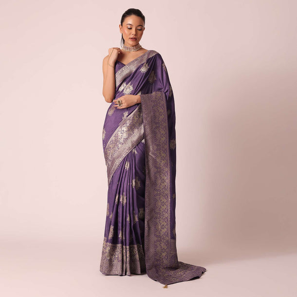 Purple Handloom Silk Saree With Unstitched Blouse Piece