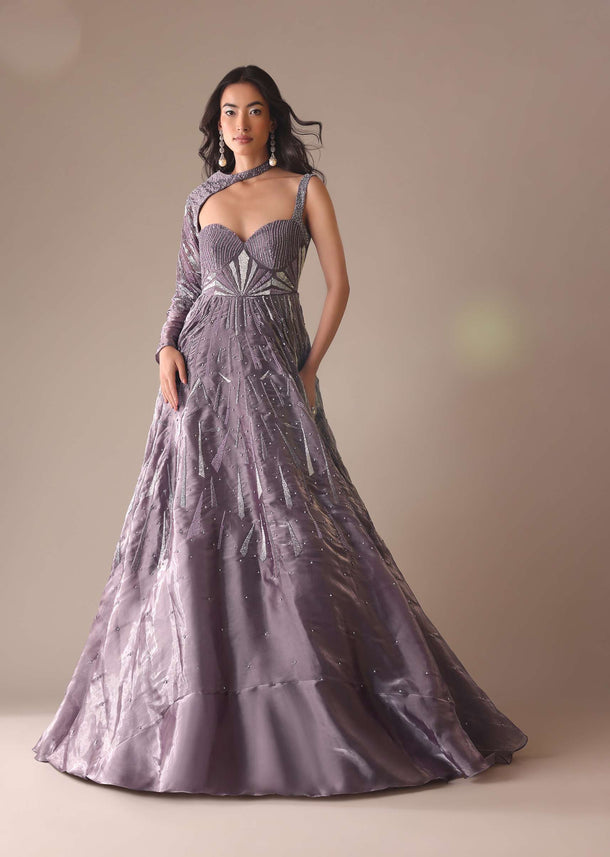 Purple Heavy Embroidered Bridal Gown With Fancy Sleeves