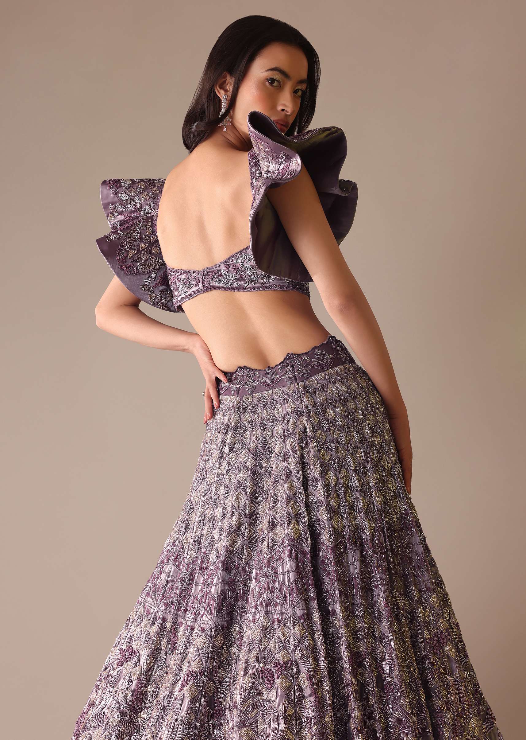 Purple Heavy Geometric Bridal Lehenga With Fancy Sleeves