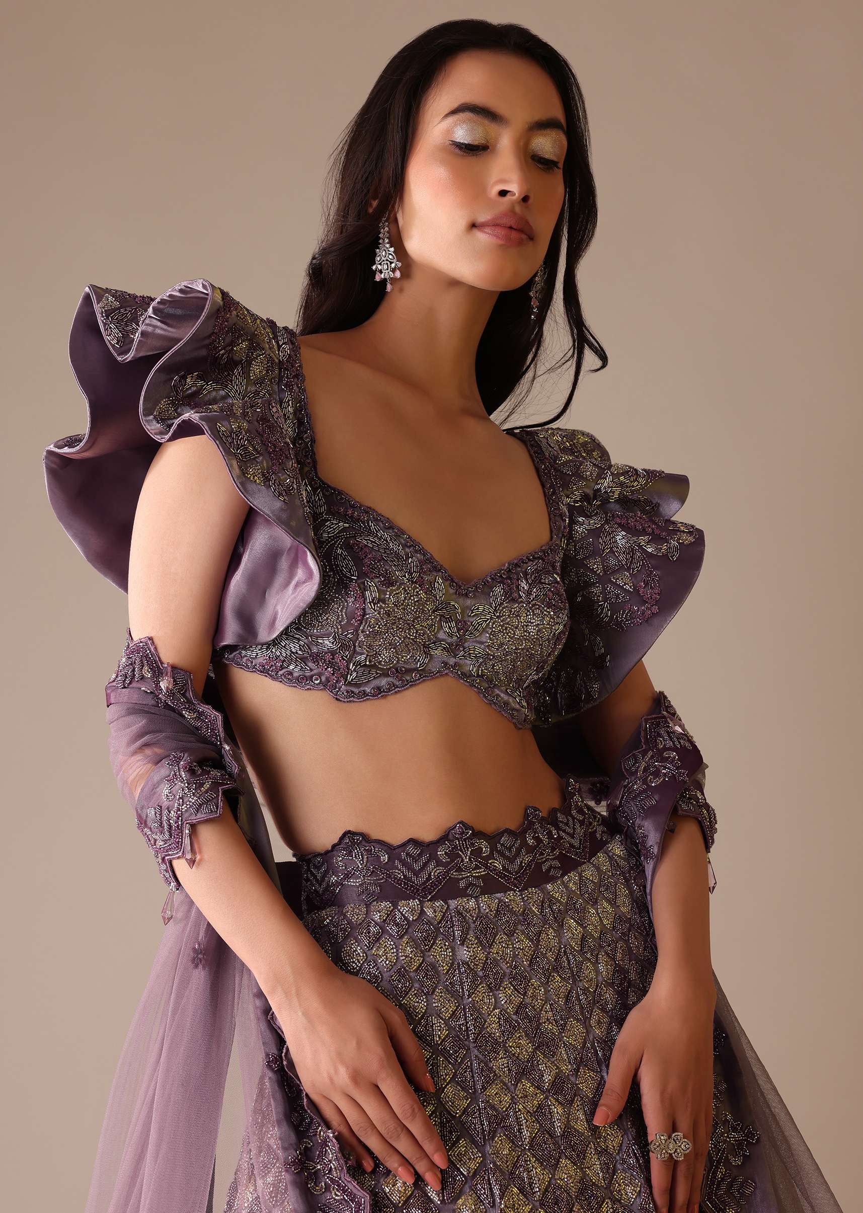 Purple Heavy Geometric Bridal Lehenga With Fancy Sleeves