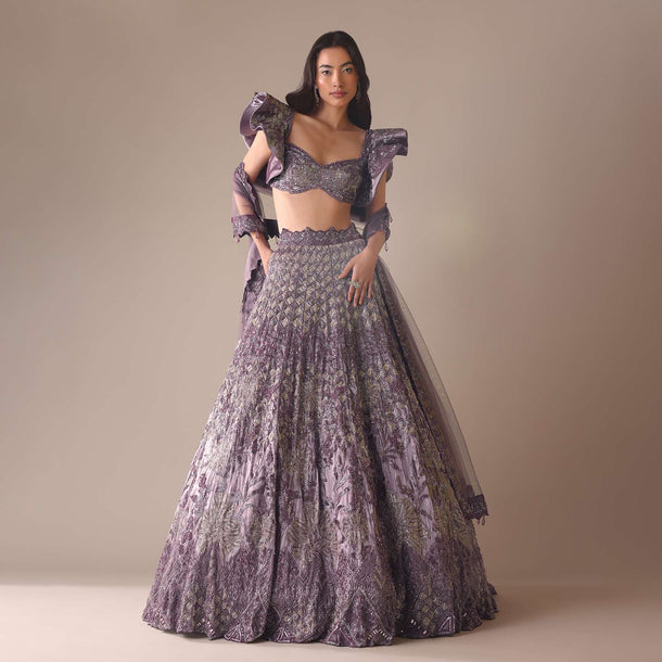 Purple Heavy Geometric Bridal Lehenga With Fancy Sleeves