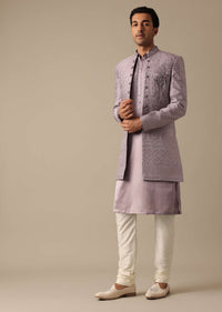 Purple Indo Fusion Sherwani Set In Satin Silk