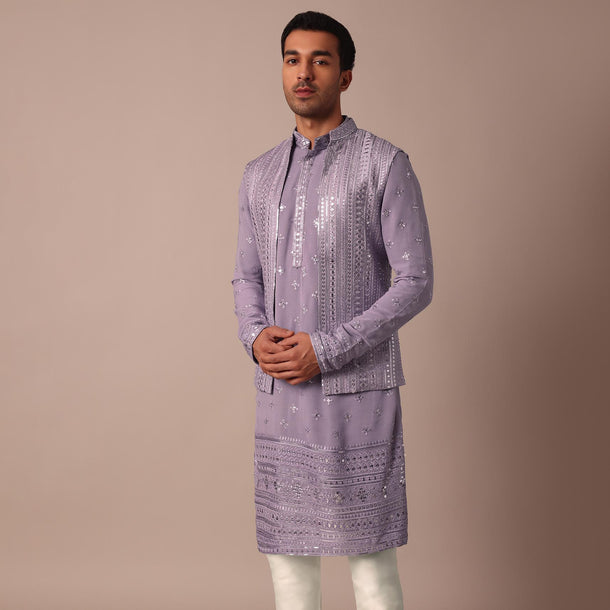 Purple Jacket Kurta Set With Sequin Embellishment