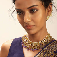 Purple Jadau Necklace With Kundan Work And Semi Precious Stone