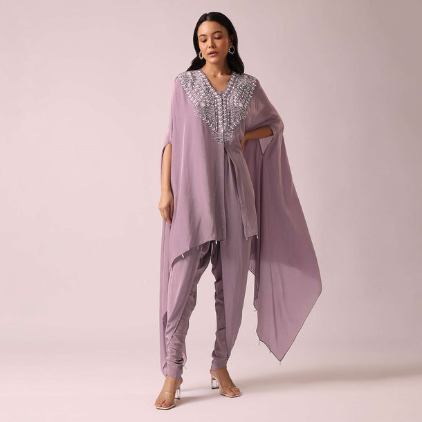 Purple Kaftan And Dhoti Fusion Set