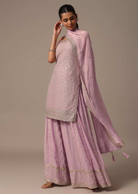 Purple Kurta Palazzo Set With Dupatta In Zari Work