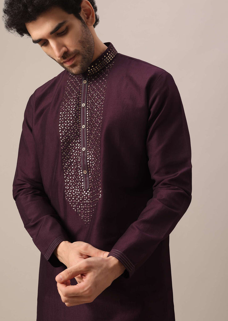 Purple Kurta Set In Art Silk With Leather Embroidery