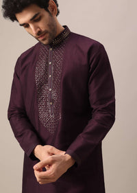 Purple Kurta Set In Art Silk With Leather Embroidery