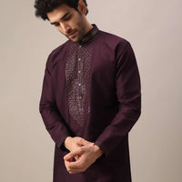 Purple Kurta Set In Art Silk With Leather Embroidery