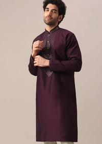 Purple Kurta Set In Art Silk With Leather Embroidery