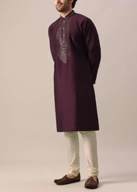 Purple Kurta Set In Art Silk With Leather Embroidery