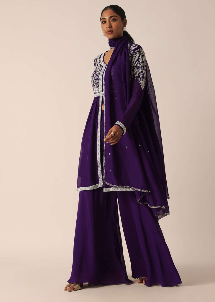 Purple Kurta Sharara Set With Bead Work