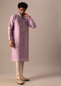 Purple Kurta With Churidar In Art Silk With Mirror Embellishments