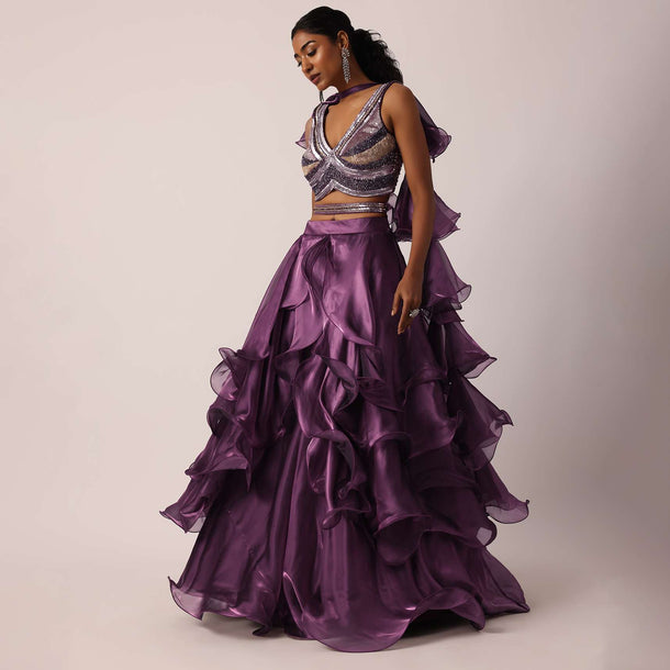 Purple Layered Ruffle Lehenga Set With Sequin Work