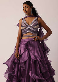 Purple Layered Ruffle Lehenga Set With Sequin Work