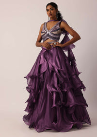 Purple Layered Ruffle Lehenga Set With Sequin Work