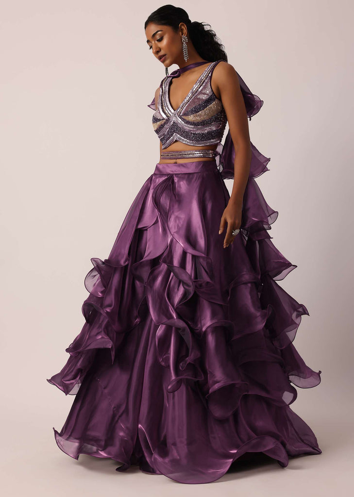 Purple Layered Ruffle Lehenga Set With Sequin Work