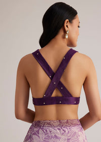 Purple Leafy Printed Organza Saree With Embroidered Scallop Border
