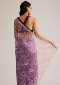 Purple Leafy Printed Organza Saree With Embroidered Scallop Border