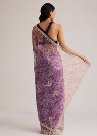 Purple Leafy Printed Organza Saree With Embroidered Scallop Border