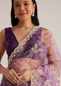 Purple Leafy Printed Organza Saree With Embroidered Scallop Border