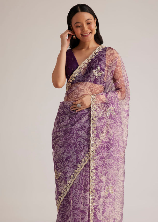 Purple Leafy Printed Organza Saree With Embroidered Scallop Border