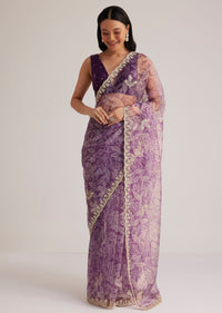 Purple Leafy Printed Organza Saree With Embroidered Scallop Border