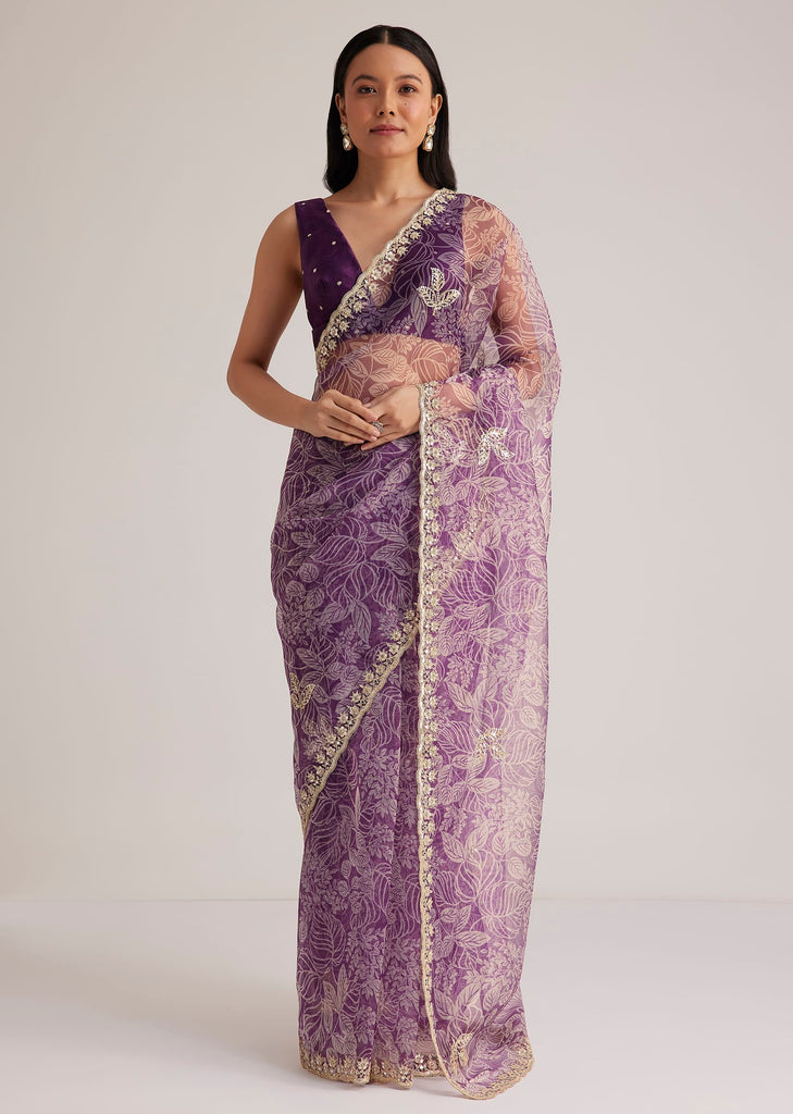 Purple Leafy Printed Organza Saree With Embroidered Scallop Border