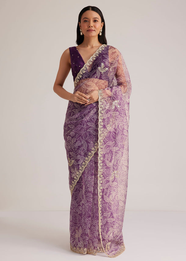 Purple Leafy Printed Organza Saree With Embroidered Scallop Border