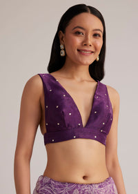 Purple Leafy Printed Organza Saree With Embroidered Scallop Border