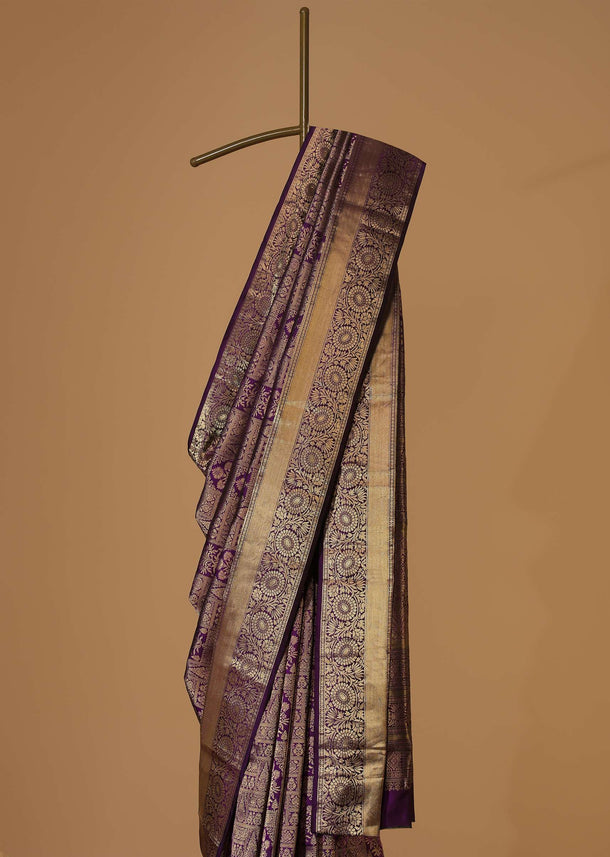 Violet Purple Kanjivaram Saree In Pure Silk With Unstitched Blouse