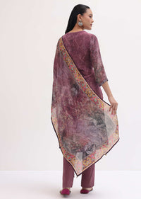 Purple Mauve Floral Crepe Kurta Pant Set