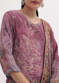 Purple Mauve Floral Crepe Kurta Pant Set