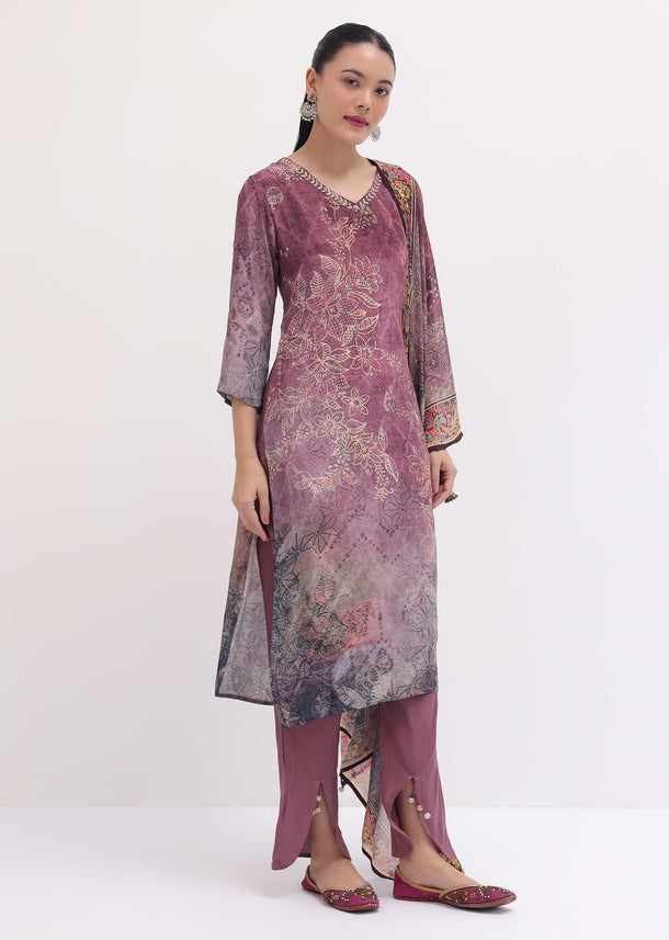 Purple Mauve Floral Crepe Kurta Pant Set