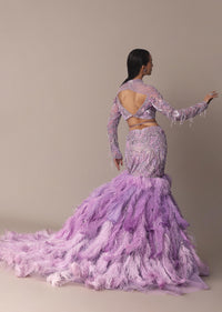 Purple Fish Cut Trail Skirt Lehenga Set with 3D Crystal And Feather Detailing