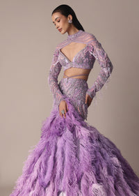 Purple Fish Cut Trail Skirt Lehenga Set with 3D Crystal And Feather Detailing