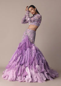 Purple Fish Cut Trail Skirt Lehenga Set with 3D Crystal And Feather Detailing