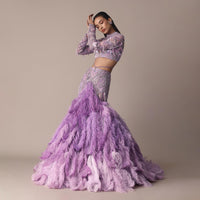 Purple Fish Cut Trail Skirt Lehenga Set with 3D Crystal And Feather Detailing