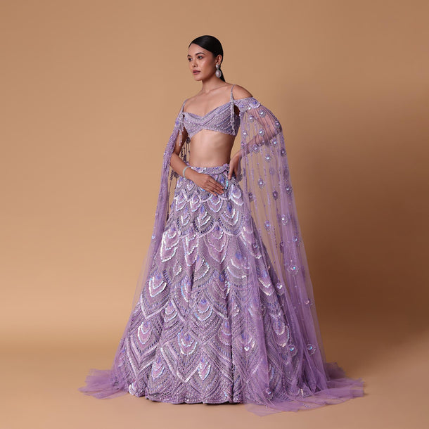 Lavender Pearl Embellished Lehenga Wth Off Shoulder Draped Cape