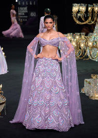 Lavender Pearl Embellished Lehenga Wth Off Shoulder Draped Cape