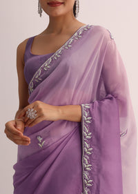 Purple Ombre Saree With Embroidered Border And Unstitched Blouse