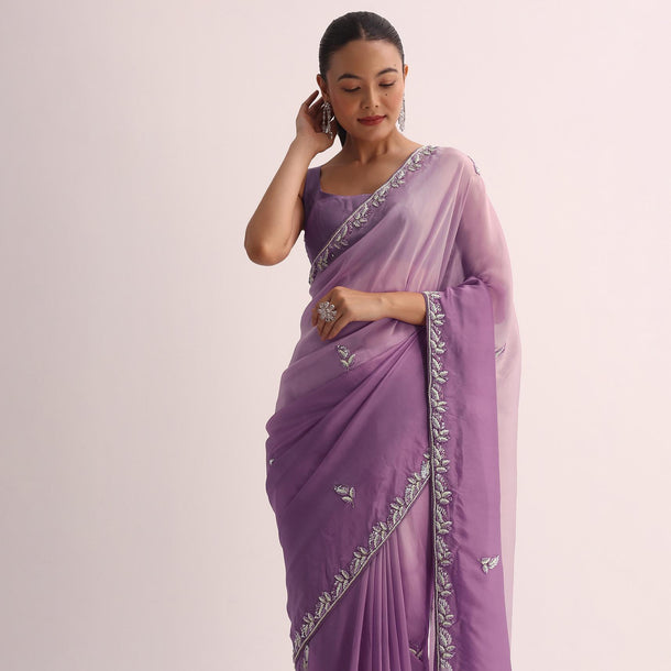 Purple Ombre Saree With Embroidered Border And Unstitched Blouse