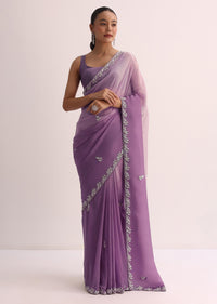 Purple Ombre Saree With Embroidered Border And Unstitched Blouse