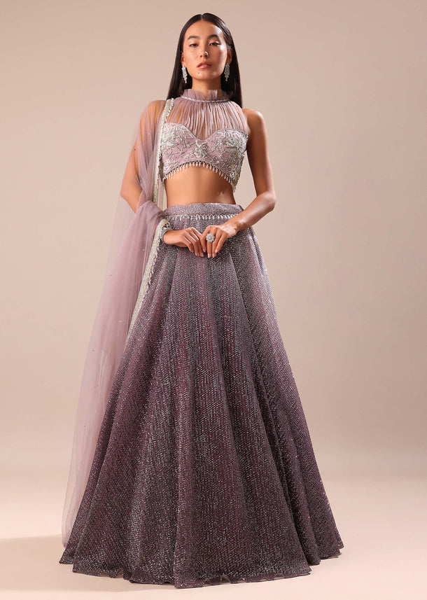 Purple Ombre Sequin Lehenga With Ruched Halter Blouse