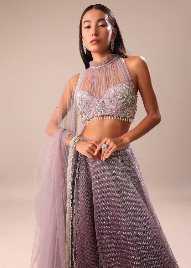 Purple Ombre Sequin Lehenga With Ruched Halter Blouse