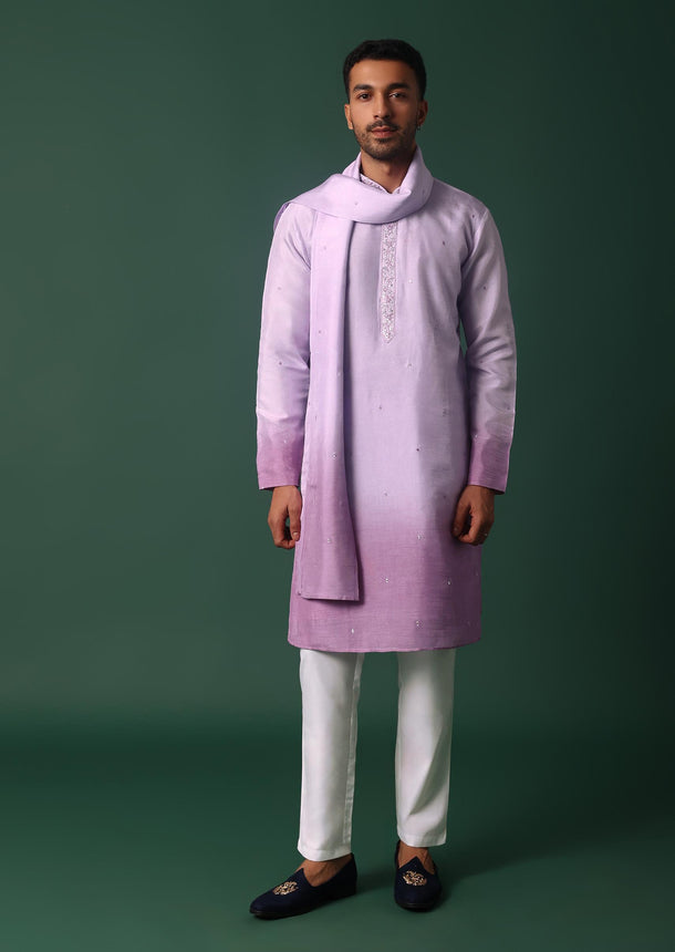 Purple Ombre Silk Kurta Set With Yoke Embroidery