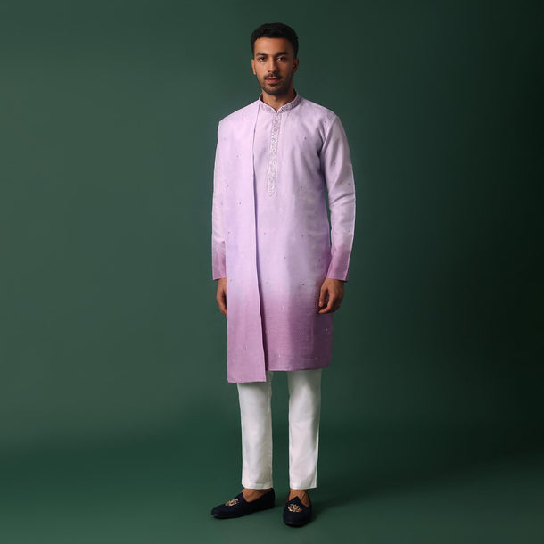 Purple Ombre Silk Kurta Set With Yoke Embroidery