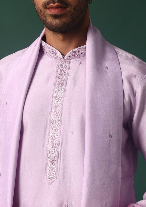 Purple Ombre Silk Kurta Set With Yoke Embroidery