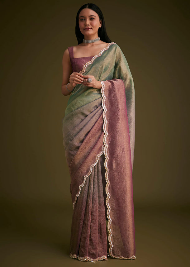 Purple Ombre Tissue Saree With Scallop Border